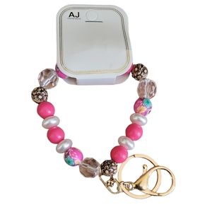 Faux Pearl and Pink Brown and Clear Bead Bracelet Keychain